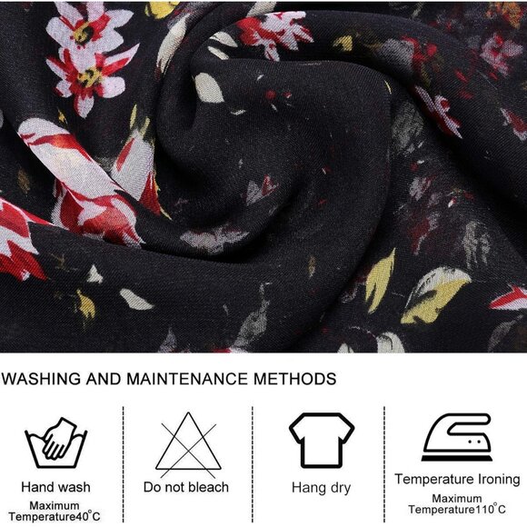 Women's Black Fashion Lightweight Head Scarf Floral Print Chiffon Scarves - Picture 5 of 7